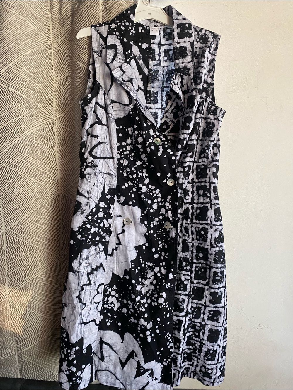 Osei Duro Duplo Dress Women’s linen Sleeveless Black White Floral Pockets Sz M
